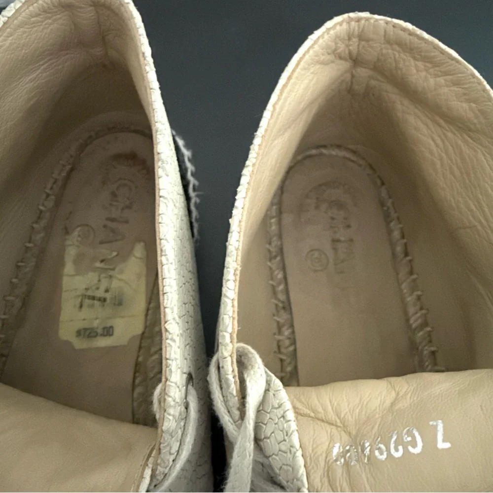 Chanel Two Tone Crackle Leather CC Logo Espadrille Lace Up High Top Sneakers